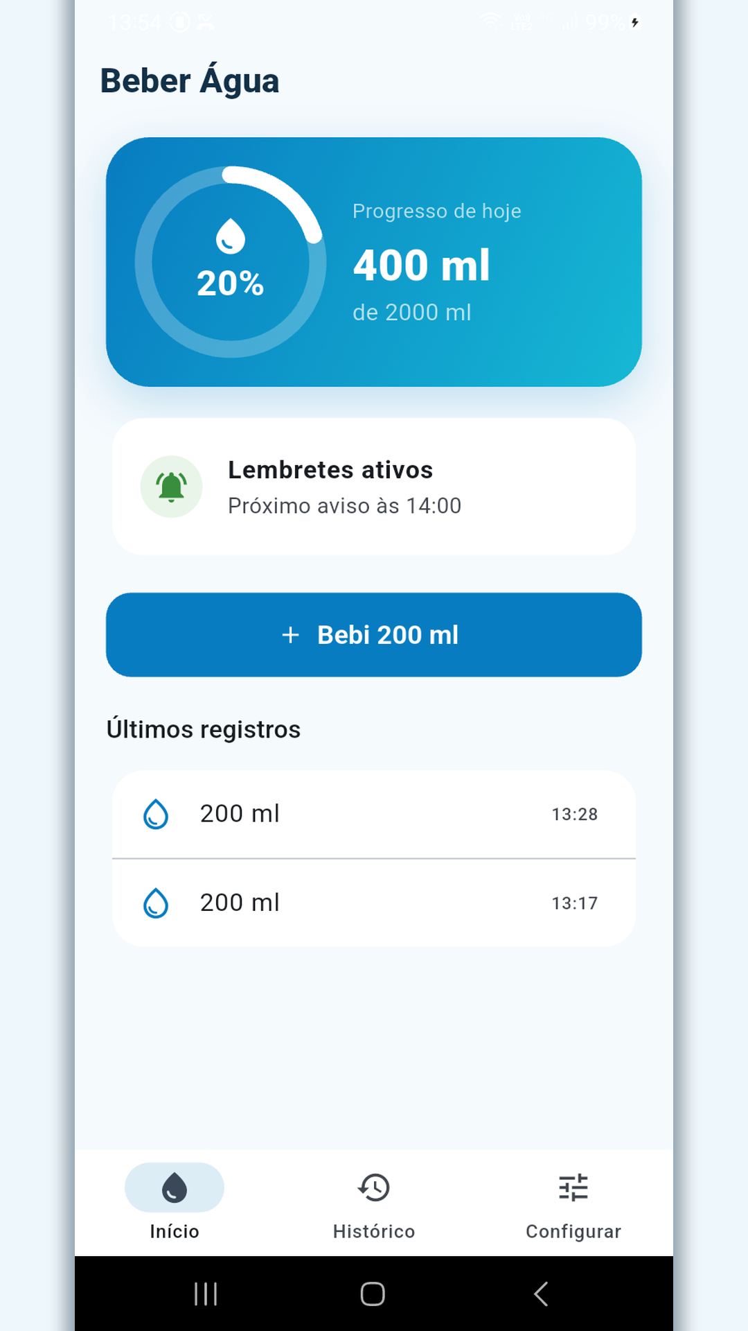 Tela inicial com progresso diário, próximo lembrete e registro de água