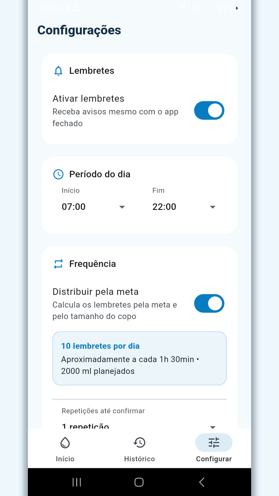 Configurações de período e frequência inteligente.