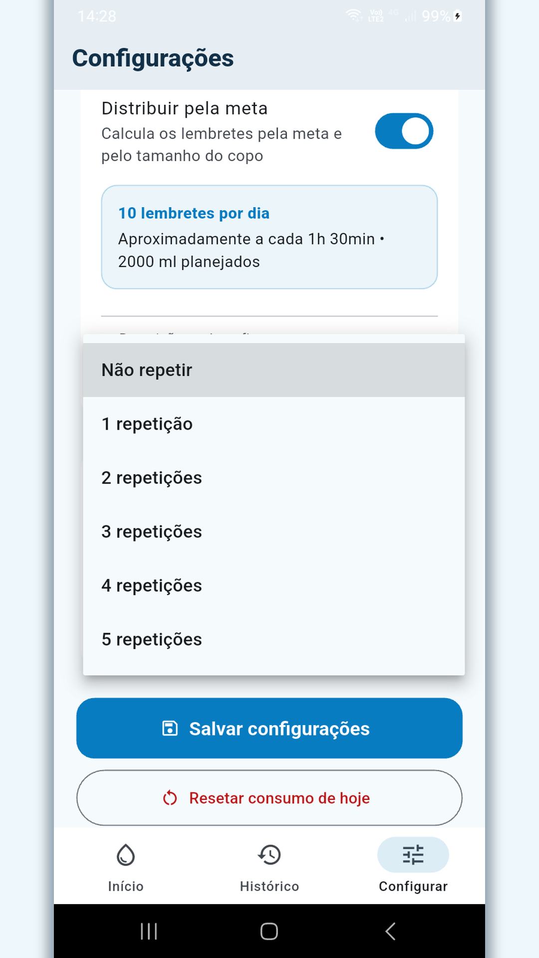 Seleção do número de repetições do alerta.