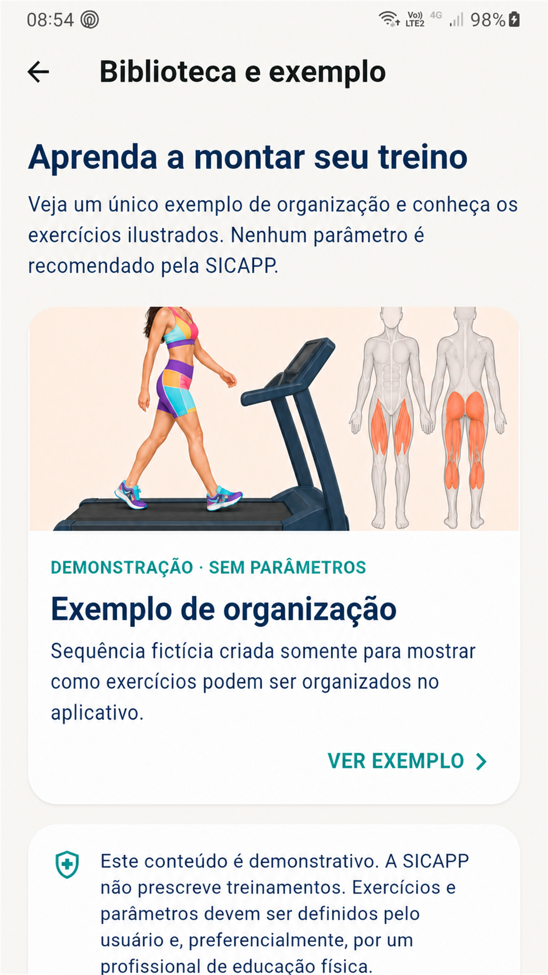 Biblioteca ilustrada e exemplo de treino no SICAPP Treino